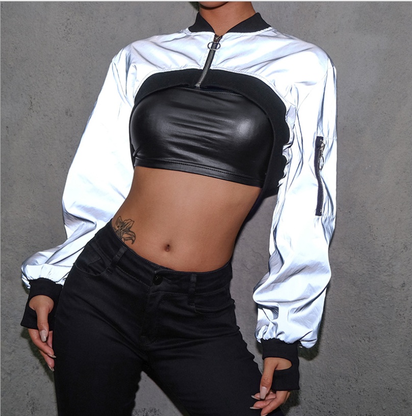 1320924767428.jpg Ins super fire short zipper sweater reflective clothing female loose thin handsome hip hop outer cover shirt dance jacket - Image 1