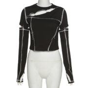 Striped Casual Pullover Hoodies Thurm Hole Croped Chic Sweatshirt Korean Style Streetwear Fall Basic Clothing Kpop For Women - Image 3