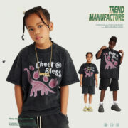 Street Washed Old Middle And Big Children Hip Hop Short Sleeve Summer Dinosaur Cartoon Print Parent-child Clothing - Image 3