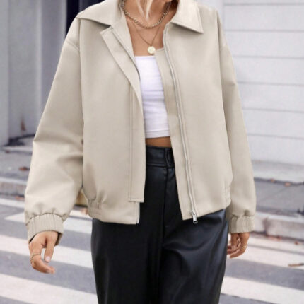 Women's Solid Color Zipper Lapel Jacket Jacket