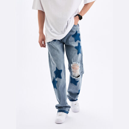 Men And Women Straight Hole Washed Denim Pants