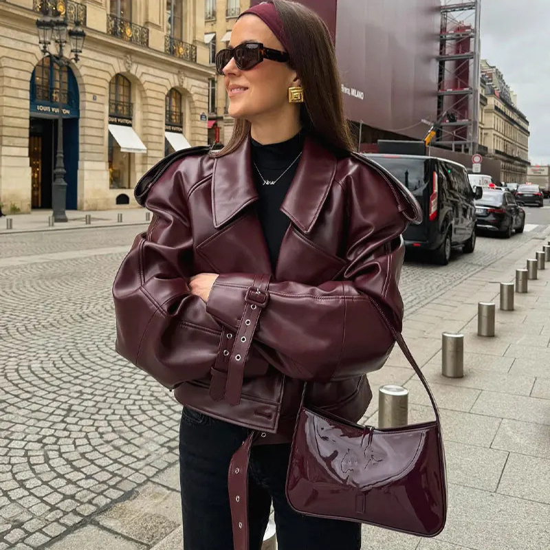 3a07c22a-ac8b-422a-b424-b567645b0db1.jpg Loose Lapel Leather Jacket Fashion Cropped Tops Streetwear For Womens Clothing - Image 1