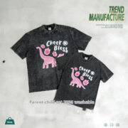 Street Washed Old Middle And Big Children Hip Hop Short Sleeve Summer Dinosaur Cartoon Print Parent-child Clothing - Image 2