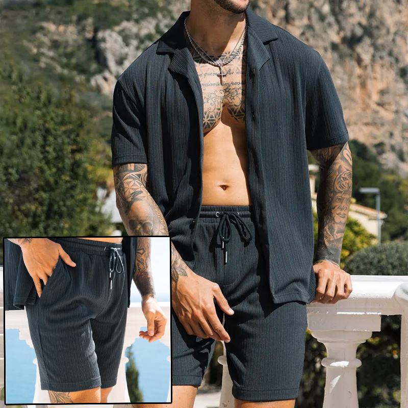 7b3e1b64-9150-4397-8652-dbc8ea4e728a.jpg Men's Two Piece Set Short Sleeve Lapel Button Shirts And Shorts Beach Style Suits Men Summer Fashion Clothing Streetwear - Image 1